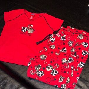 Red Pajamas Set with Coffee Print, EUC, size M